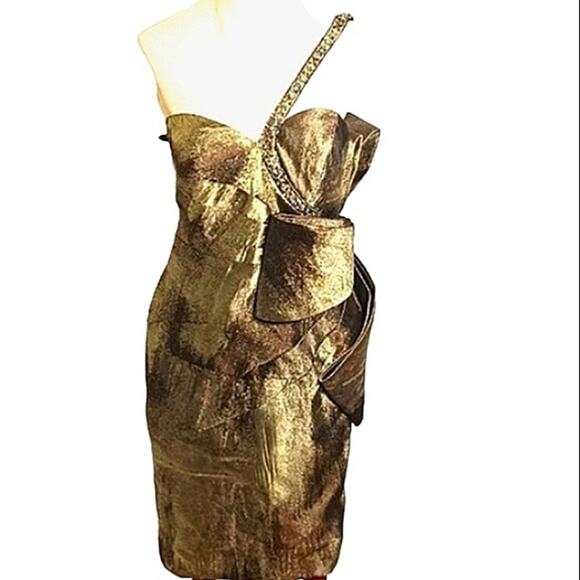 Terani Couture COCKTAIL DRESS Sz 10 Brozed Green Holiday Party ELEGANT Luxury - Picture 1 of 15